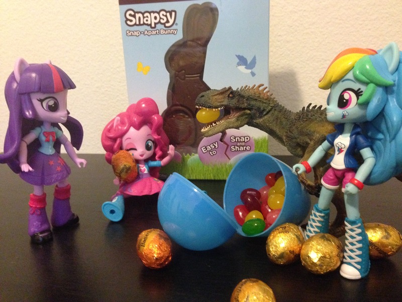 Size: 3264x2448 | Tagged: safe, derpibooru import, pinkie pie, rainbow dash, twilight sparkle, allosaurus, dinosaur, equestria girls, candy, chocolate bunny, clothes, doll, easter, easter egg, equestria girls minis, eqventures of the minis, food, jellybeans, skirt, toy