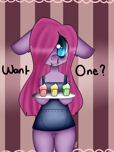 Size: 3000x4000 | Tagged: artist:bunxl, blood, cupcake, derpibooru import, fanfic:cupcakes, food, nosebleed, pinkamena diane pie, pinkie pie, semi-anthro, semi-grimdark, smiling, solo