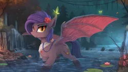 Size: 2500x1406 | Tagged: safe, artist:yakovlev-vad, derpibooru import, oc, unofficial characters only, bat pony, butterfly, pony, flower, flower in hair, lilypad, looking at you, night, river, scenery, scenery porn, solo, spread wings, water