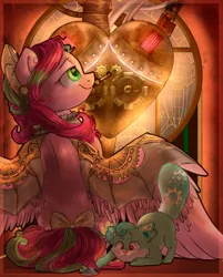 Size: 2811x3500 | Tagged: safe, artist:segraece, derpibooru import, oc, oc:precious metal, unofficial characters only, cat, pegasus, pony, bow, commission, hair bow, heart, steampunk, tail bow