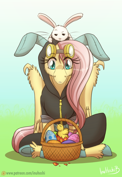 Size: 800x1159 | Tagged: safe, artist:inuhoshi-to-darkpen, derpibooru import, angel bunny, fluttershy, pegasus, pony, basket, bunny ears, chick, clothes, costume, dangerous mission outfit, easter, easter egg, female, goggles, hoodie, mare, patreon, patreon logo, unshorn fetlocks