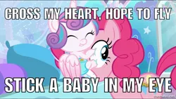 Size: 1000x563 | Tagged: cute, derpibooru import, eyes closed, eye scream, flurrybetes, grin, image macro, meme, pinkie pie, pinkie promise, princess facehugger, princess flurry heart, safe, screencap, smiling, squee, :t, the crystalling, wide eyes