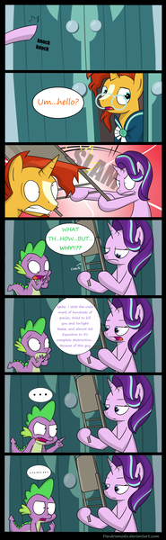 Size: 1700x5500 | Tagged: artist:pandramodo, bad end, chair, comic, derp, derpibooru import, dialogue, hitting, knock out, rekt, safe, spike, starlight glimmer, sunburst, sunburst abuse, sunburst's glasses, sunburst's robe, the crystalling, violence