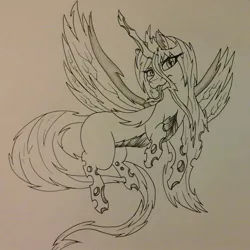 Size: 1151x1149 | Tagged: artist:wilt and blush, changeling, changeling queen, changeling queen oc, derpibooru import, electric changeling, female, flying, lineart, monochrome, oc, oc:armord tempest, safe, solo, traditional art, unofficial characters only