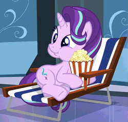 Size: 679x646 | Tagged: safe, derpibooru import, screencap, starlight glimmer, pony, unicorn, the crystalling, :t, animated, cute, eating, female, food, glimmerbetes, lying down, mare, popcorn, puffy cheeks, side, smiling, solo, underhoof