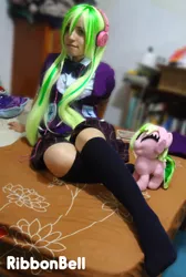 Size: 2296x3408 | Tagged: safe, artist:ribbonbell, derpibooru import, lemon zest, human, equestria girls, clothes, cosplay, costume, crystal prep academy uniform, headphones, irl, irl human, missing shoes, photo, plushie, school uniform, self plushidox, self ponidox, skirt, socks