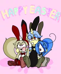 Size: 1800x2200 | Tagged: artist:fullmetalpikmin, bunny ears, bunny suit, clothes, congenital amputee, derpibooru import, easter, oc, oc:cherry blossom, oc:mal, oc:viewing pleasure, safe, tumblr:ask viewing pleasure, unofficial characters only