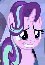 Size: 370x529 | Tagged: safe, derpibooru import, screencap, starlight glimmer, pony, unicorn, the crystalling, animated, blushing, cute, eye shimmer, female, glimmerbetes, grin, mare, nervous, smiling