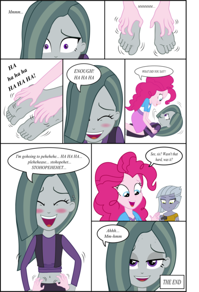 Size: 4732x6946 | Tagged: safe, artist:cesar3o0, derpibooru import, limestone pie, marble pie, pinkie pie, equestria girls, absurd resolution, barefoot, belly button, blushing, comic, dialogue, equestria girls-ified, feet, foot fetish, midriff, pie sisters, recorder, simple background, tickling, white background