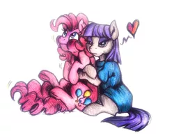 Size: 1038x836 | Tagged: safe, artist:buttersprinkle, derpibooru import, maud pie, pinkie pie, earth pony, pony, clothes, colored pencil drawing, cute, diapinkes, duo, female, heart, hug, hug from behind, mare, maudabetes, pen drawing, simple background, sisters, squeezing, suffocating, traditional art, unamused, white background
