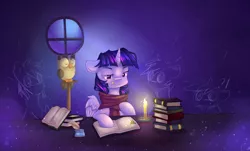 Size: 2968x1796 | Tagged: safe, artist:snowsky-s, derpibooru import, owlowiscious, twilight sparkle, twilight sparkle (alicorn), alicorn, pony, book, candle, candlelight, cheek fluff, clothes, female, mare, scarf, studying, tongue out