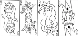 Size: 1024x473 | Tagged: applejack, artist:sehtkmet, derpibooru import, monochrome, pinkie pie, playing card, princess cadance, queen of clubs, queen of diamonds, queen of hearts, queen of spades, rarity, safe