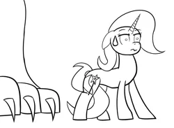 Size: 1000x730 | Tagged: safe, artist:sehtkmet, derpibooru import, trixie, pony, unicorn, ursa minor, female, mare, monochrome, nervous