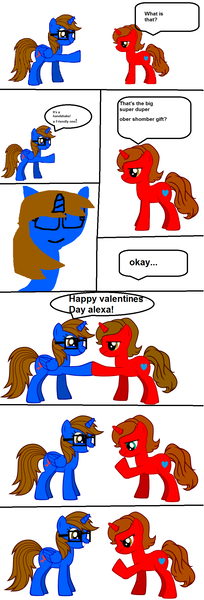 Size: 830x2447 | Tagged: artist needed, safe, derpibooru import, oc, oc:alexa garcia, oc:sandra garcia, unofficial characters only, alicorn, pony, pony creator, 1000 hours in ms paint, alicorn oc, comic, handshake, ms paint, spongebob squarepants, valentine's day, valentine's day (spongebob episode)