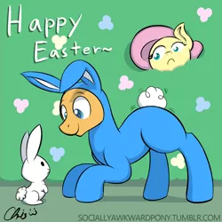 Size: 1280x1280 | Tagged: artist:nekocrispy, bunny ears, bush, caramel, clothes, costume, derpibooru import, easter, easter bunny, fluttershy, rabbit, safe, socially awkward pony, wat, wut face