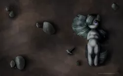 Size: 1400x870 | Tagged: artist:0biter, derpibooru import, hair over one eye, looking at the sky, lying down, marble pie, on back, pickaxe, safe, solo