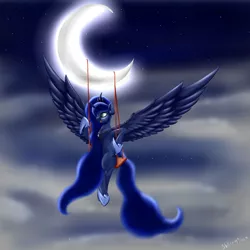 Size: 5000x5000 | Tagged: safe, artist:skitsniga, derpibooru import, princess luna, absurd resolution, cloud, moon, night, solo, spread wings, swing, tangible heavenly object