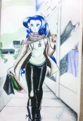 Size: 656x960 | Tagged: safe, artist:aspirantedeartista, derpibooru import, rarity, equestria girls, clothes, coffee, drink, food, humanized, inktober, latex, leggings, scarf, solo, traditional art