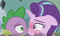 Size: 719x437 | Tagged: bedroom eyes, blushing, derpibooru import, discovery family logo, edit, edited screencap, eye contact, female, floppy ears, interspecies, kiss edit, kissing, male, safe, screencap, shipping, sparlight, spike, starlight glimmer, straight, the crystalling, wide eyes