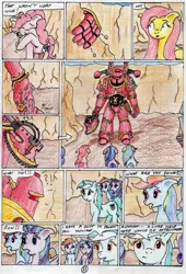 Size: 2321x3408 | Tagged: semi-grimdark, artist:40kponyguy, derpibooru import, fluttershy, lyra heartstrings, pinkie pie, rainbow dash, twilight sparkle, twilight sparkle (alicorn), alicorn, pony, 40kponyguy's the staff of aurelian, comic, crossover, female, khorne berzerker, mare, peril, scared, traditional art, warhammer (game), warhammer 40k