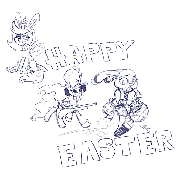 Size: 1280x1290 | Tagged: artist:jokerpony, ask teen chrysalis, crossover, derpibooru import, easter, elmer fudd, gun, judy hopps, looney tunes, monochrome, princess luna, queen chrysalis, safe, shotgun, sketch, unamused, weapon, zootopia