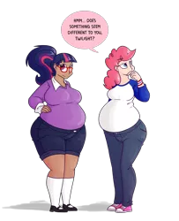 Size: 1280x1579 | Tagged: dead source, safe, artist:bigponiesinc, derpibooru import, pinkie pie, twilight sparkle, human, ask feedee twilight, bbw, belly, big belly, breasts, busty pinkie pie, busty twilight sparkle, chubby, dialogue, fat, female, glasses, humanized, lesbian, ponytail, pudgy pie, shipping, twilard sparkle, twinkie