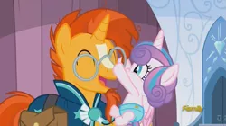 Size: 851x475 | Tagged: safe, derpibooru import, screencap, princess flurry heart, sunburst, alicorn, unicorn, the crystalling, baby, bag, clothes, crystal empire, cute, diamond, diaper, discovery family, discovery family logo, door, female, flurrybetes, foal, glasses, laughing, male, robe, saddle bag, smiling, stallion, sunbetes, sunburst's glasses, sunburst's robe, uncle sunburst, watermark