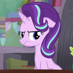 Size: 513x513 | Tagged: safe, derpibooru import, screencap, spike, starlight glimmer, dragon, pony, unicorn, the crystalling, animated, annoyed, cute, female, floppy ears, frown, glimmerbetes, mare, shelf, sitting
