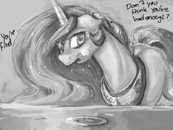 Size: 1600x1200 | Tagged: artist:lisa400, cake, cakelestia, derpibooru import, eating, floppy ears, food, grayscale, messy eating, missing accessory, monochrome, princess celestia, puffy cheeks, safe, solo, table, wingless