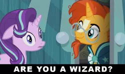 Size: 853x505 | Tagged: are you a wizard, derp, derpibooru import, floppy ears, frown, funny, image macro, meme, open mouth, safe, screencap, season 6, smiling, starlight glimmer, sunburst, the crystalling, wide eyes, wizard