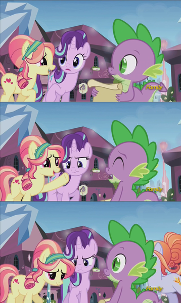 Size: 1280x2144 | Tagged: safe, derpibooru import, screencap, amber laurel, ruby love, scarlet heart, spike, starlight glimmer, crystal pony, dragon, pony, unicorn, the crystalling, cute, discovery family logo, female, glimmerbetes, male, mare, out of context, spikabetes, spikelove