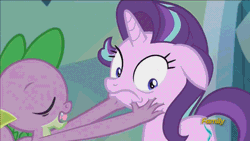 Size: 1280x720 | Tagged: safe, artist:gerardogreiff, derpibooru import, edit, edited screencap, screencap, spike, starlight glimmer, dragon, pony, unicorn, the crystalling, animated, blushing, cute, discovery family logo, female, glimmerbetes, i can't believe it's not superedit, interspecies, kiss edit, kissing, male, shipping, sparlight, spikabetes, straight