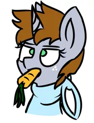 Size: 665x867 | Tagged: safe, artist:coatieyay, derpibooru import, oc, oc:littlepip, unofficial characters only, pony, unicorn, fallout equestria, fanfic, bunny pajamas, bust, carrot, cute, easter, easter bunny, fanfic art, female, food, freckles, horn, mare, mouth hold, nom, simple background, solo, unamused, white background