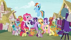 Size: 1920x1080 | Tagged: safe, derpibooru import, screencap, apple bloom, applejack, big macintosh, carrot cake, cup cake, fluttershy, granny smith, mayor mare, photo finish, pinkie pie, rainbow dash, rarity, scootaloo, snails, snips, spike, starlight glimmer, sweetie belle, twilight sparkle, twilight sparkle (alicorn), zecora, alicorn, pony, unicorn, zebra, the crystalling, camera, colt, cutie mark, cutie mark crusaders, female, filly, intro, male, mane six, mare, opening, opening credits, the cmc's cutie marks