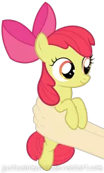 Size: 4333x7208 | Tagged: safe, artist:justisanimation, derpibooru import, apple bloom, human, pony, absurd resolution, cute, hand, holding a pony, justis holds a pony, simple background, smiling, solo focus, transparent background