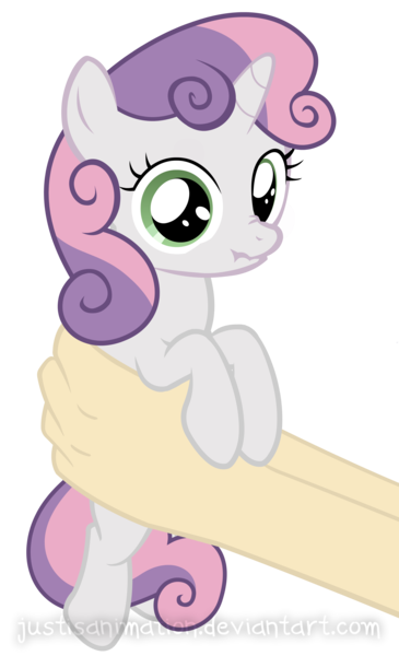 Size: 3736x6139 | Tagged: safe, artist:justisanimation, derpibooru import, sweetie belle, human, pony, cute, diasweetes, frown, hand, holding a pony, justis holds a pony, looking at you, nose wrinkle, scrunchy face, simple background, solo focus, transparent background, wide eyes