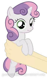 Size: 3736x6139 | Tagged: safe, artist:justisanimation, derpibooru import, sweetie belle, human, pony, cute, diasweetes, frown, hand, holding a pony, justis holds a pony, looking at you, nose wrinkle, scrunchy face, simple background, solo focus, transparent background, wide eyes