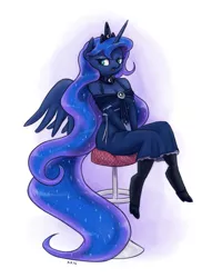 Size: 915x1200 | Tagged: alicorn, anthro, artist:king-kakapo, clothes, derpibooru import, dress, female, part of a set, princess luna, safe, sitting, solo, stool, unguligrade anthro