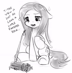 Size: 607x617 | Tagged: safe, artist:alloyrabbit, derpibooru import, fluttershy, oc, oc:anon, human, pony, blushing, camera, dialogue, fire engine, floppy ears, giant pony, macro, monochrome, open mouth, photo shoot, sitting, sketch, sweatdrop