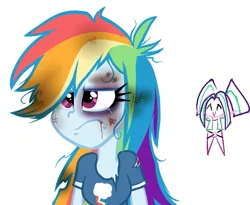 Size: 693x567 | Tagged: semi-grimdark, artist:wubcakeva, derpibooru import, aria blaze, rainbow dash, equestria girls, abuse, black eye, blood, bruised, chibi, clothes, dashabuse, messy hair, torn clothes