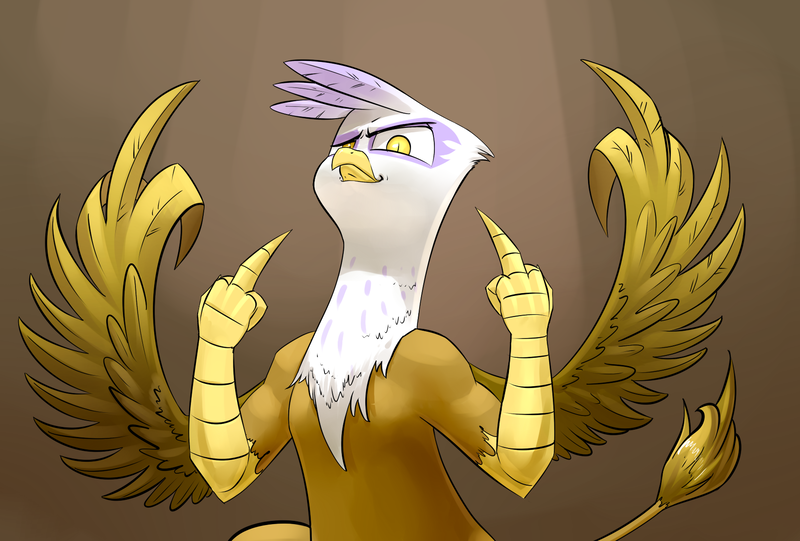 Size: 1748x1181 | Tagged: safe, artist:underpable, derpibooru import, gilda, gryphon, commission, double deuce, female, fuck you, glare, image, middle feather, middle finger, png, solo, spread wings, vulgar, wing hands, wings