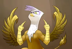 Size: 1748x1181 | Tagged: safe, artist:underpable, derpibooru import, gilda, gryphon, commission, double deuce, female, fuck you, glare, image, middle feather, middle finger, png, solo, spread wings, vulgar, wing hands, wings