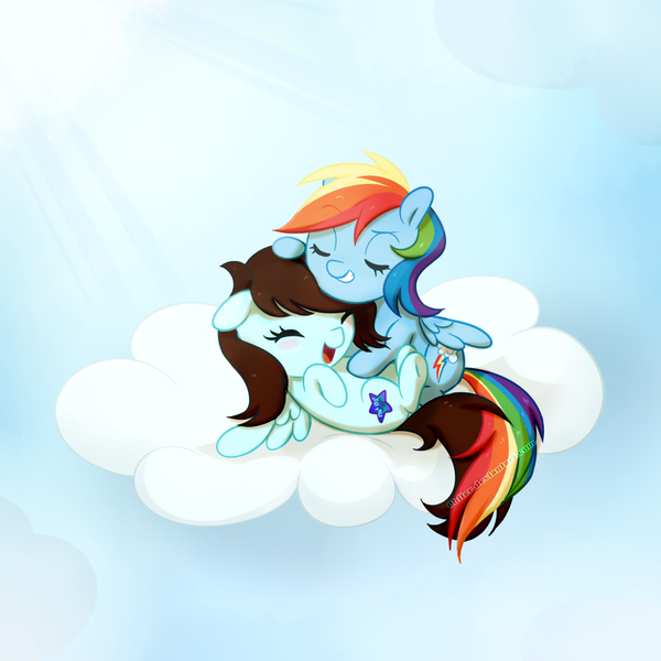 Size: 1000x1000 | Tagged: artist:0biter, cloud, cuddling, derpibooru import, hug, oc, oc:linormusicbeat, rainbow dash, safe, snuggling