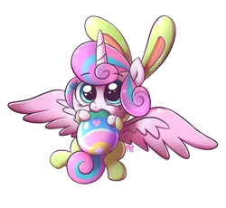 Size: 980x900 | Tagged: safe, artist:frankier77, derpibooru import, princess flurry heart, pony, baby, baby pony, biting, bunny costume, bunny ears, clothes, cute, easter, easter egg, flurrybetes, looking at you, looking up, nom, simple background, sitting, smiling, solo, spread wings, transparent background