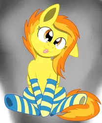 Size: 1024x1229 | Tagged: safe, artist:theartistsora, derpibooru import, spitfire, clothes, cute, socks, solo, striped socks, tongue out