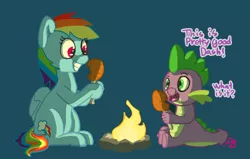 Size: 1280x812 | Tagged: safe, artist:pabbley, derpibooru import, rainbow dash, spike, dragon, pegasus, pony, drumstick, female, fire, food, grin, male, meat, ponies eating meat, rainbowspike, shipping, spike don't care about meat, straight