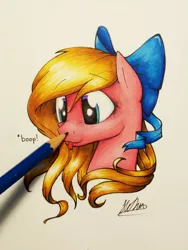 Size: 3120x4160 | Tagged: safe, artist:lollipony, derpibooru import, oc, oc:bay breeze, unofficial characters only, pegasus, pony, boop, bow, female, hair bow, mare, pencil, simple background, solo, tongue out, traditional art, white background