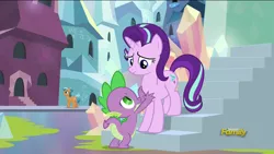 Size: 1920x1080 | Tagged: crystal empire, derpibooru import, discovery family logo, encouragement, safe, screencap, spike, starlight glimmer, the crystalling