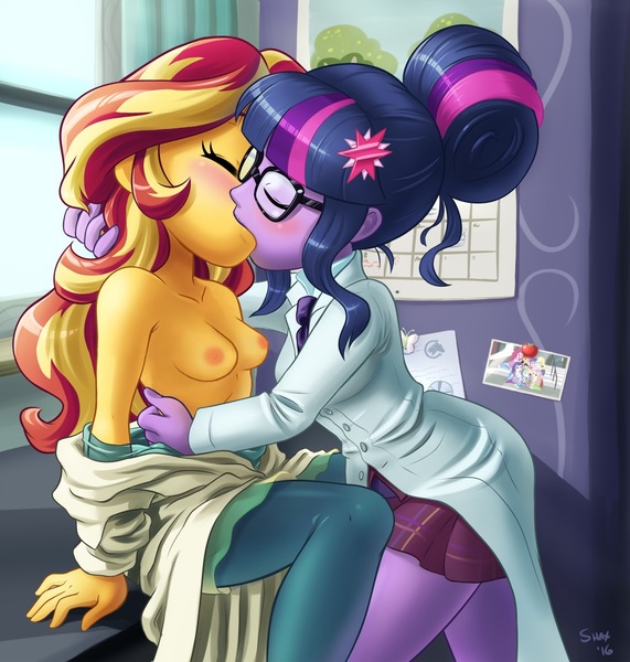 Size: 1000x1051 | Tagged: questionable, artist:shaxbert, derpibooru import, edit, sci-twi, sunset shimmer, twilight sparkle, equestria girls, blushing, breasts, calendar, clothes, crystal prep academy uniform, eyes closed, female, kissing, lab coat, lesbian, making out, nipples, nude edit, nudity, photo, school uniform, scitwishimmer, shipping, sunsetsparkle, topless, undressing
