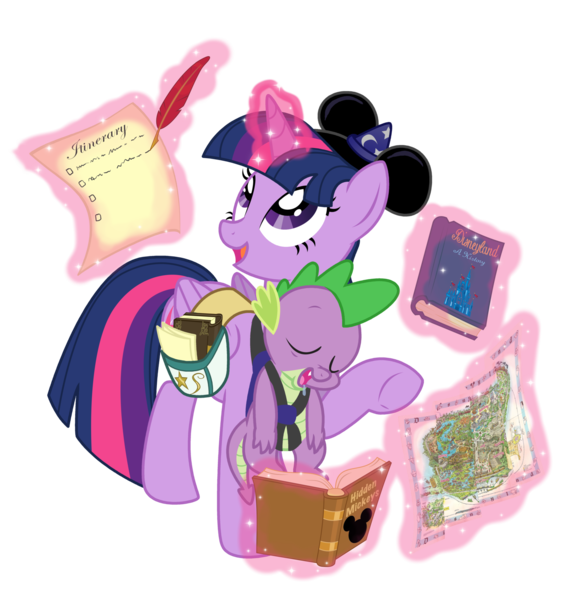 Size: 1600x1688 | Tagged: safe, artist:lostinthetrees, derpibooru import, spike, twilight sparkle, twilight sparkle (alicorn), alicorn, dragon, pony, baby, baby carrier, baby dragon, book, checklist, crossover, cute, cutie mark, disney, disneyland, drool, duo, feather, female, glowing horn, hat, hnnng, horn, levitation, logo, looking up, magic, male, mama twilight, map, mare, mickey hat, quill, raised hoof, saddle bag, sleeping, spikabetes, spikelove, strap, telekinesis, twiabetes